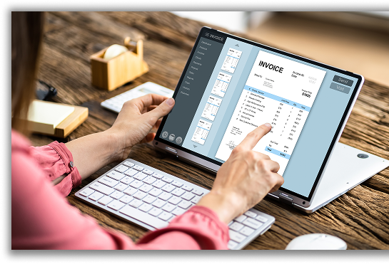 Women on computer reading invoice