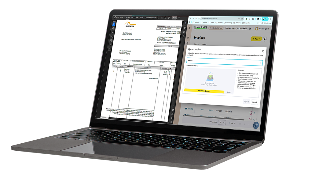 Invoice IQ interface on a laptop.