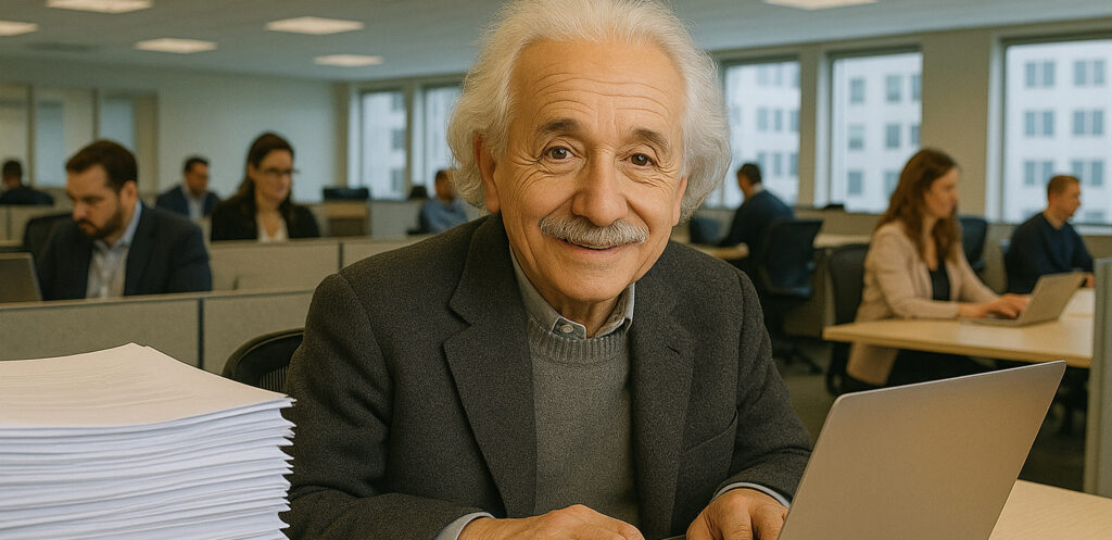 A silly image of an older man resembling Einstein working at a laptop.